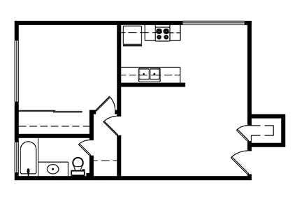 1 Bedroom, 1 bath 551 Square ft. Layout 1