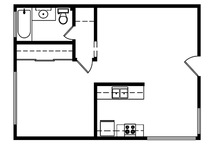 1 Bedroom, 1 bath 551 Square ft. Layout 2