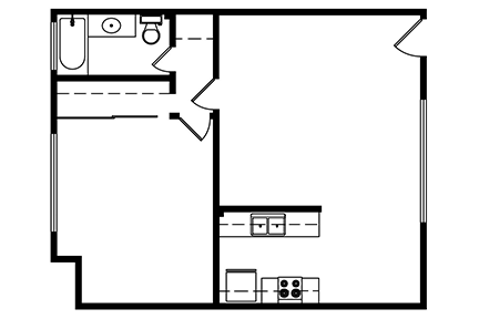 1 Bedroom, 1 bath 551 Square ft. Layout 3