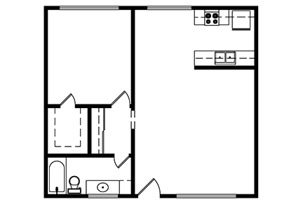1 Bedroom, 1 bath 675 Square ft. Layout 1