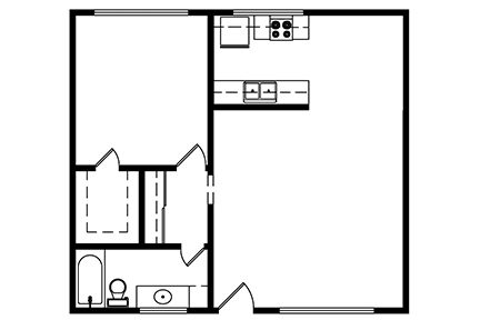 1 Bedroom, 1 bath 675 Square ft. Layout 2