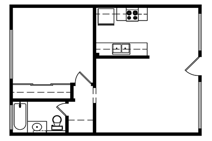 1 Bedroom, 1 bath 580 Square ft.